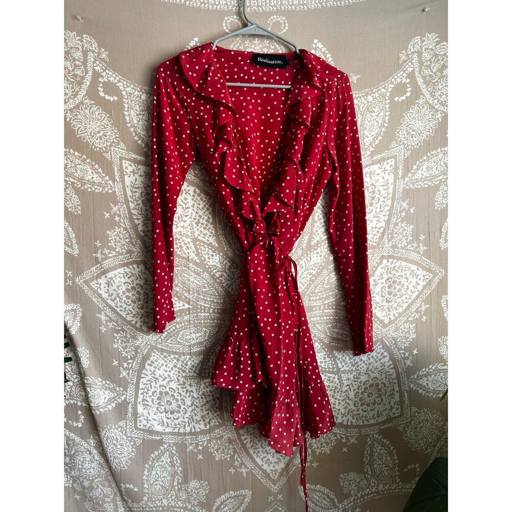 Realisation Par The Alexandra Red Star 100% Silk Wrap Mini Dress Size Small - Picture 2 of 7